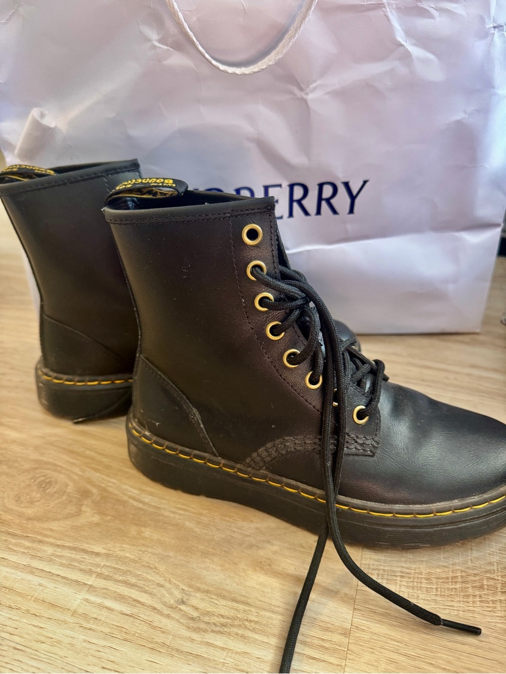 Dr. Martens Black Leather Lace-Up Boots with Yellow Stitching